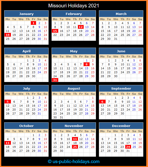 Missouri Holiday Calendar 2021